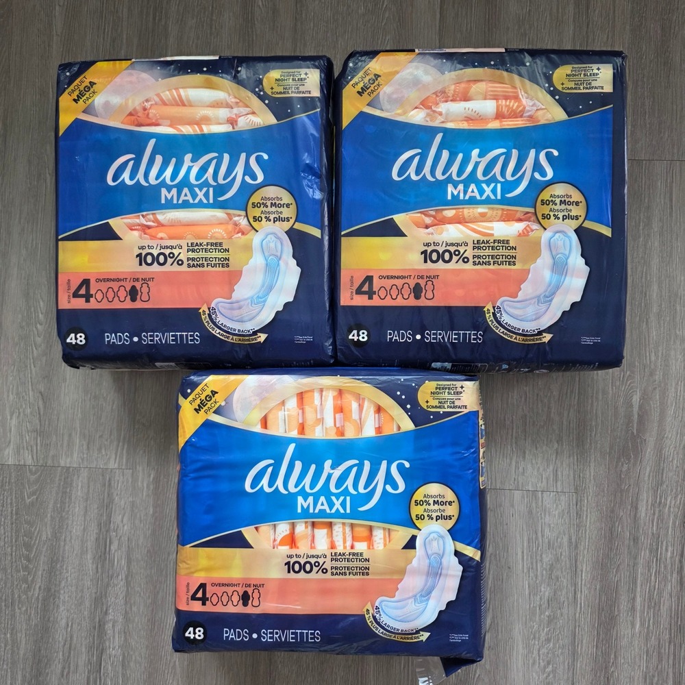 Always Maxi Overnight Pads Size 4 Wings Mega Pack 48 Count 3 Pack 144 Total